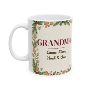 Grandma Mug Personalized with Grandkids Names, Christmas Cookie Kitchen Coffee Cup