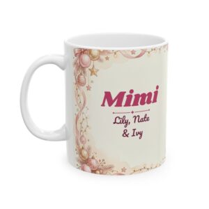 Mimi Mug Personalized with Grandkids Names, Pink Christmas Coffee Cup
