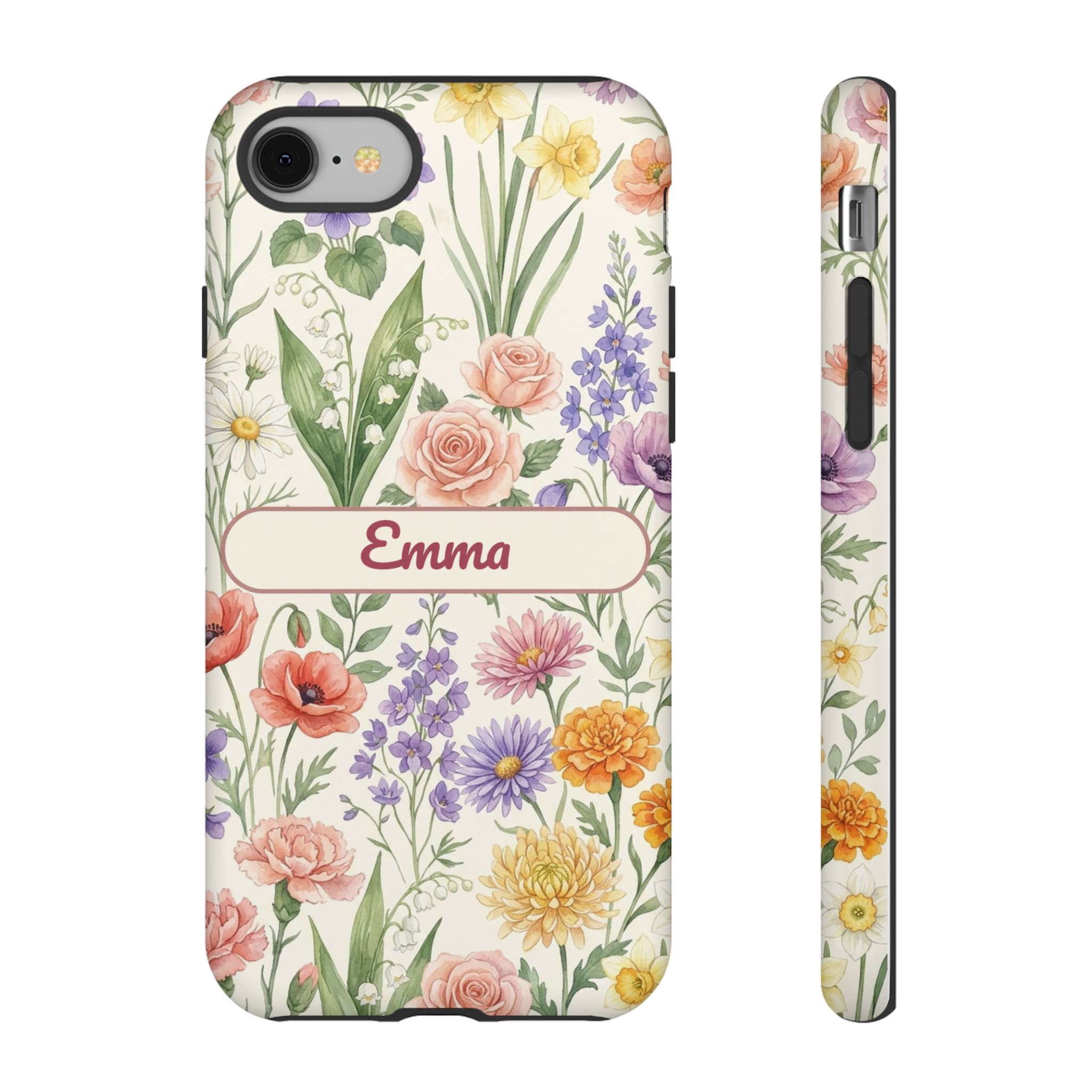 Custom Name Birth Flower Phone Case, All 12 Months Watercolor Garden, Tough Cover for iPhone 18 Pro Max, 17, Galaxy S26