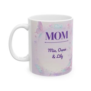 Mom Mug, Personalized 3D Iridescent Pastel Floral Coffee Cup with Kids Names (11oz)