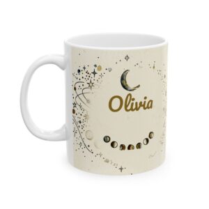 Custom Name Mug, Personalized Minimal Line Art Celestial Moon Phases Coffee Cup