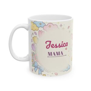 Mom Mug Personalized with Name, Pastel Tulips and Hearts, 11oz
