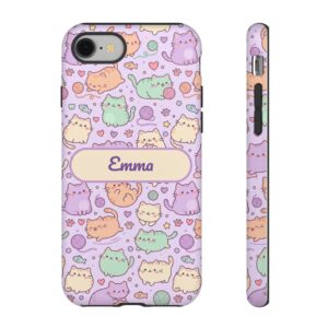 Custom Name Pastel Cat Mom Phone Case, Kawaii Kitty, Tough Cover for iPhone 18 Pro Max, 17, Galaxy S26