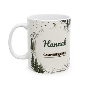 Camping Mug, Personalized Name Minimal Line Art Campfire Queen Coffee Cup, Mountain Tent Design