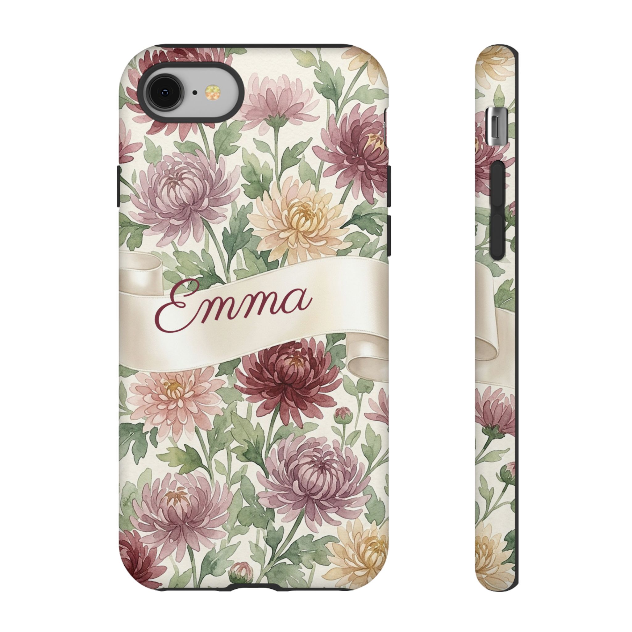 Custom Name November Birth Flower Phone Case, Chrysanthemum, Tough Cover for iPhone 18 Pro Max, 17, Galaxy S26