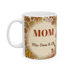 Mom Mug, Personalized Vintage Retro Groovy Daisy Coffee Cup with Kids Names (11oz)