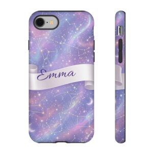 Custom Name Zodiac Constellation Phone Case, Iridescent Night Sky, Tough Cover for iPhone 18 Pro Max, 17, Galaxy S26