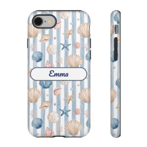 Custom Name Seashell Phone Case, Coastal Blue Stripe, Tough Cover for iPhone 18 Pro Max, 17, Galaxy S26