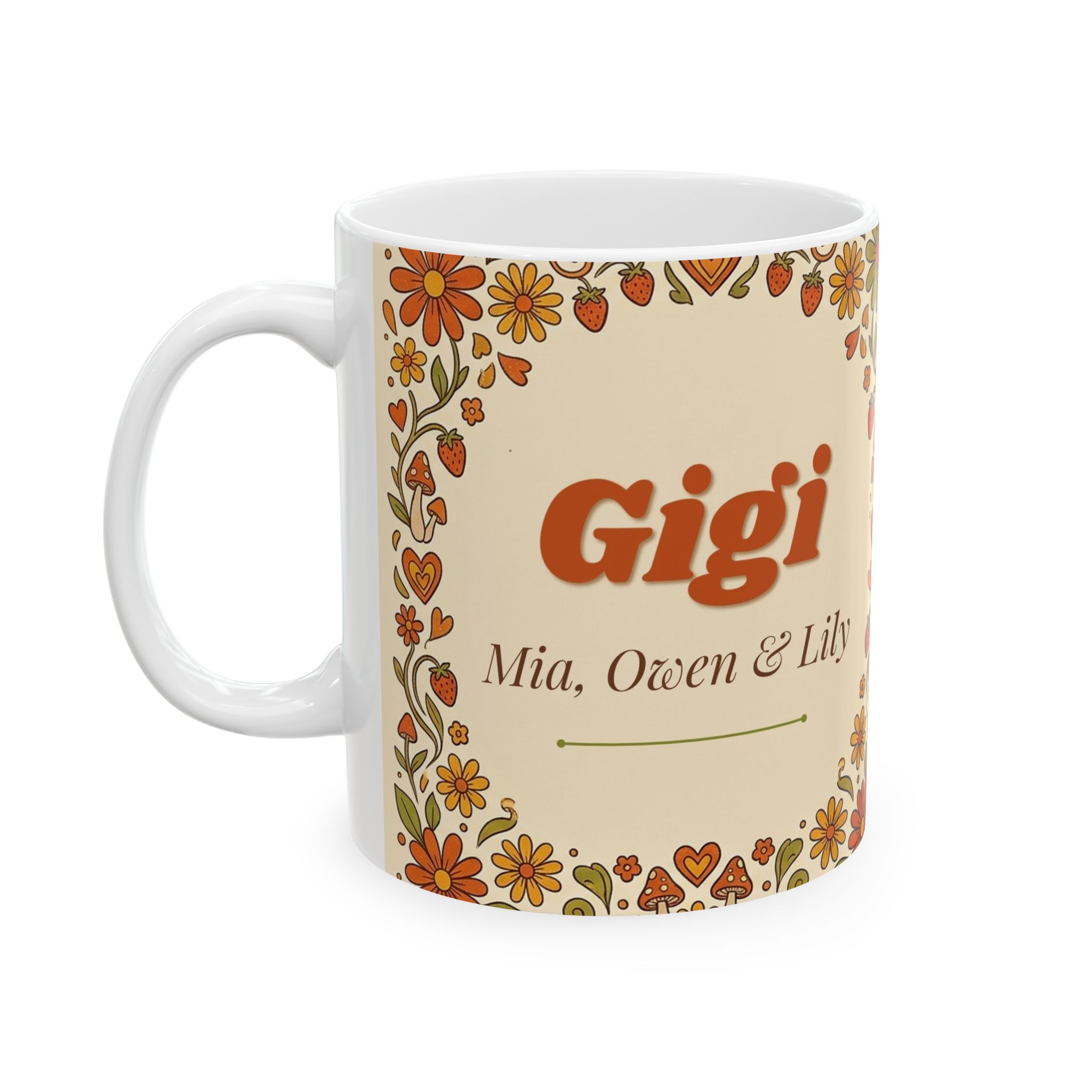 Gigi Mug Personalized with Grandkids Names, Vintage Retro 70s Daisy Kitchen Cup