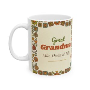 Great Grandma Mug Personalized with Grandkids Names, Retro 60s Crochet Granny Square, 11oz