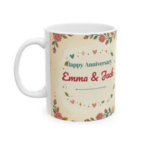 Anniversary Mug with Couple Names, Vintage Retro Roses Personalized Coffee Cup