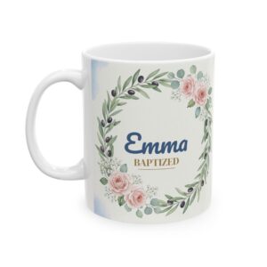 Baptism Gift Mug Personalized with Name, Watercolor Dove and Olive Wreath Christening Cup