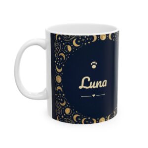 Custom Cat Mug with Your Cat's Name, Black Cat Crescent Moon Personalized Coffee Cup