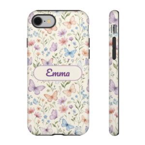 Custom Name Butterfly Phone Case, Watercolor Wildflowers, Tough Cover for iPhone 18 Pro Max, 17, Galaxy S26