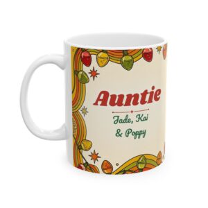 Auntie Mug Personalized with Nieces and Nephews Names, Groovy Retro Christmas Coffee Cup