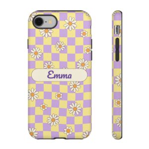 Custom Name Checkered Daisy Phone Case, Retro, Tough Cover for iPhone 18 Pro Max, 17, Galaxy S26