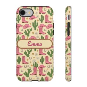 Custom Name Pink Cowgirl Boots Phone Case, Tough Cover for iPhone 18 Pro Max, 17, Galaxy S26