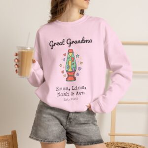 Personalized Great Grandma Sweatshirt with Grandkids Names, Groovy 70s Lamp Crewneck