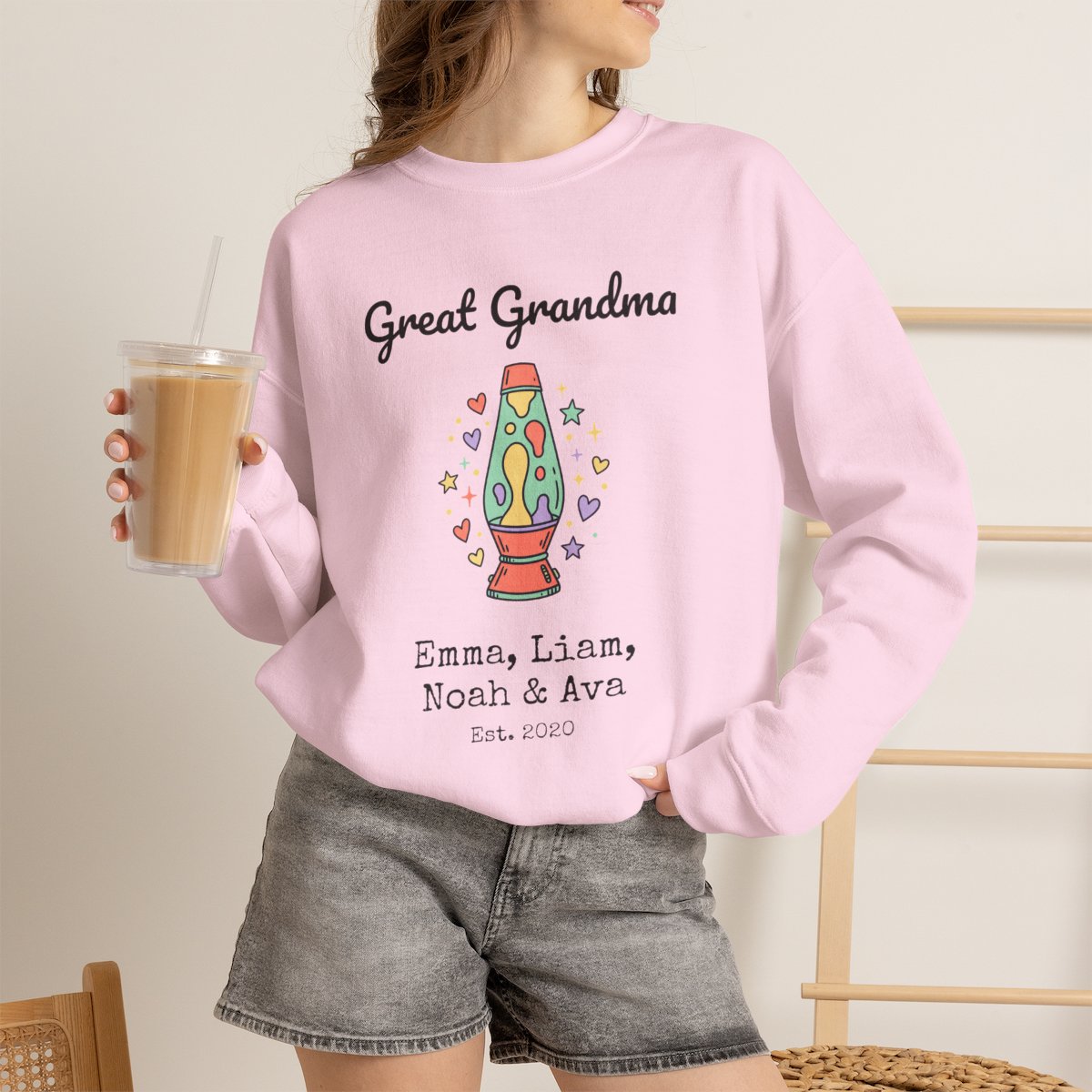 Personalized Great Grandma Sweatshirt with Grandkids Names, Groovy 70s Lamp Crewneck