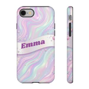 Custom Name Iridescent Pearl Phone Case, Holographic Ribbon, Tough Cover for iPhone 18 Pro Max, 17, Galaxy S26