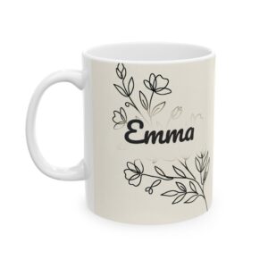 Personalized Coffee Mug, Minimal Line Art Botanical Name Cup, Simple Plant Drawing