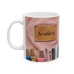 Personalized Nail Tech Mug, Nail Technician Name with Pink Apron, Manicurist Coffee Cup