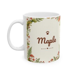 Custom Cat Mug with Your Cat's Name, Tortoiseshell Cat Mushroom Forest Personalized Coffee Cup