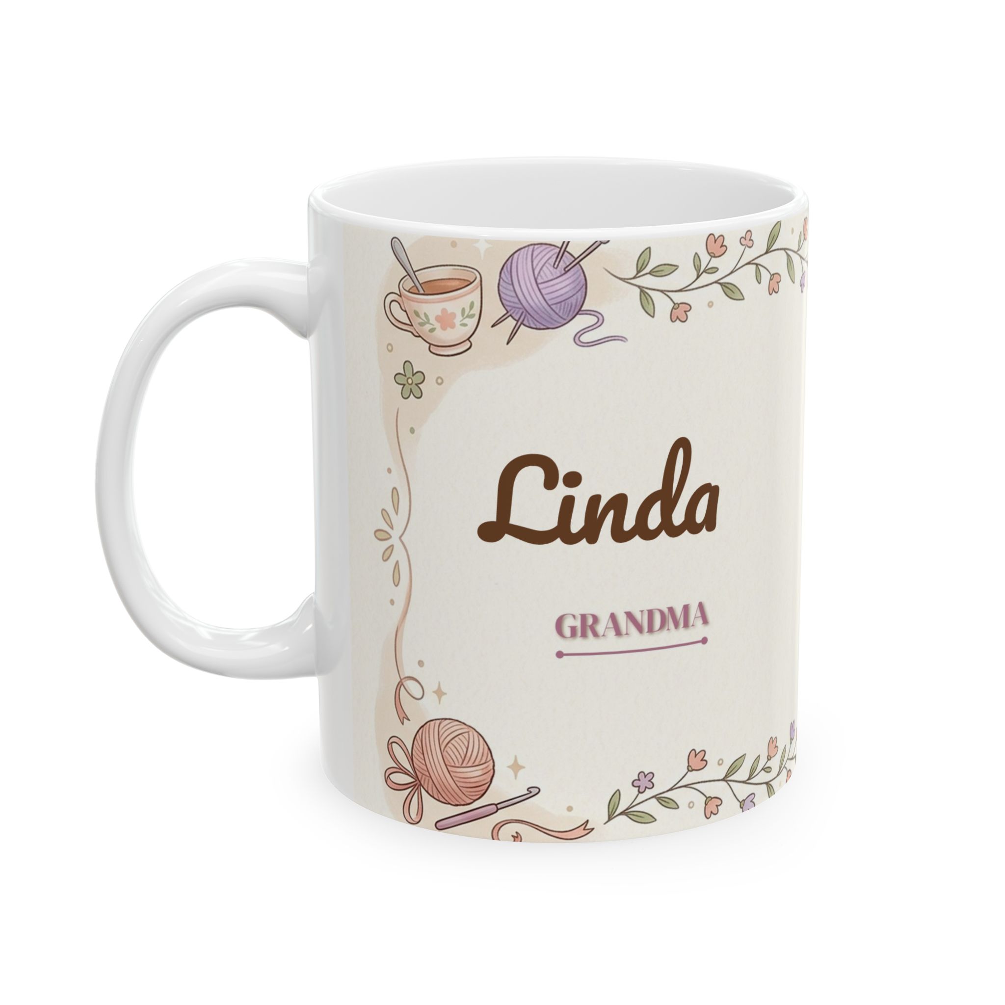 Grandma Mug Personalized with Name, Pastel Rocking Chair and Tea, 11oz