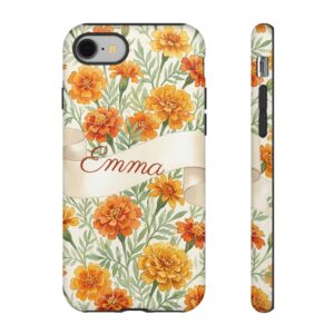 Custom Name October Birth Flower Phone Case, Marigold, Tough Cover for iPhone 18 Pro Max, 17, Galaxy S26