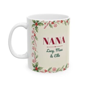 Nana Mug Personalized with Grandkids Names, Peppermint Tea Christmas Coffee Cup