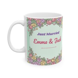 Wedding Mug Personalized with Couple Names, Cute Pastel Just Married Newlywed Coffee Cup