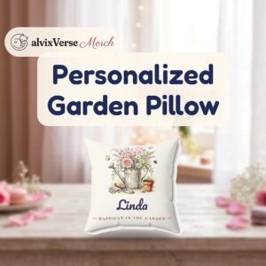 Personalized Garden Pillow with Name, Happiest in the Garden Throw Pillow, Gardener Gift for Mom or Grandma, Floral Decor