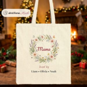 Personalized Mama Tote Bag with Kids Names, Wildflower Wreath Canvas Tote, Custom Mom Gift, Mothers Day Nana Mimi Tote Bag