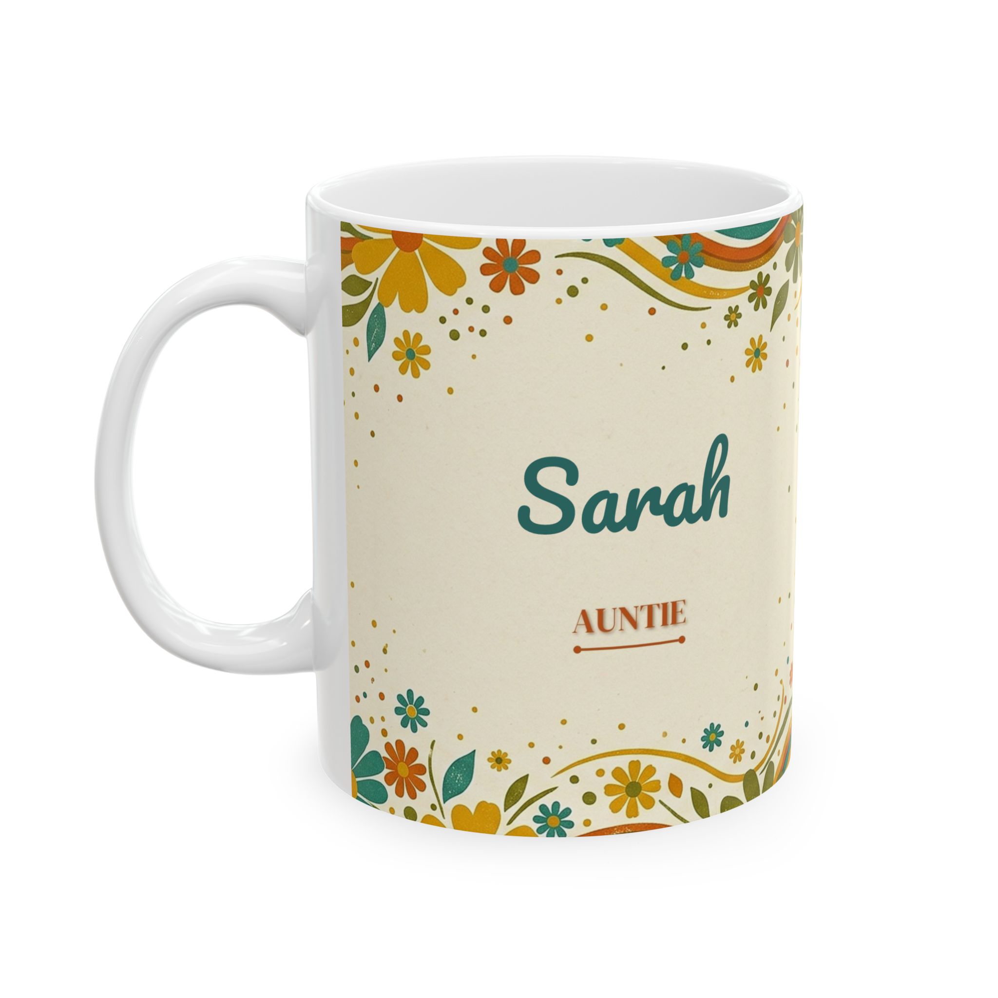 Auntie Mug, Personalized Name Retro Floral Coffee Cup, 1970s Groovy Daisy Design