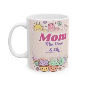 Mom Mug Personalized with Kids Names, Pastel Kawaii Design, 11oz