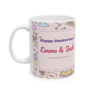 Anniversary Mug with Couple Names, Cute Pastel Lovebirds Personalized Coffee Cup