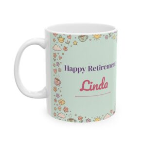 Retirement Coffee Mug Personalized with Name, Pastel Porch Rocking Chair, 11oz