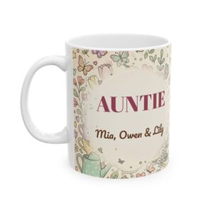 Auntie Mug, Personalized Pastel Floral Coffee Cup with Nieces and Nephews Names (11oz)