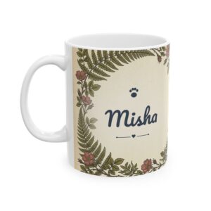 Custom Cat Mug with Your Cat's Name, Russian Blue Cat Vintage Botanical Personalized Coffee Cup