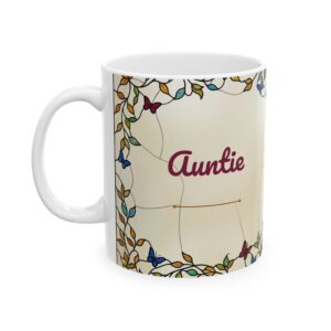 Auntie Mug Personalized Name, Stained Glass Butterflies and Sunflowers Coffee Cup, 11oz