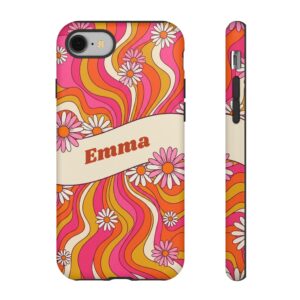 Custom Name 70s Daisy Phone Case, Groovy Ribbon, Tough Cover for iPhone 18 Pro Max, 17, Galaxy S26