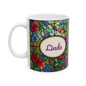 Personalized Coffee Mug with Name, Stained Glass Hummingbird, 11oz
