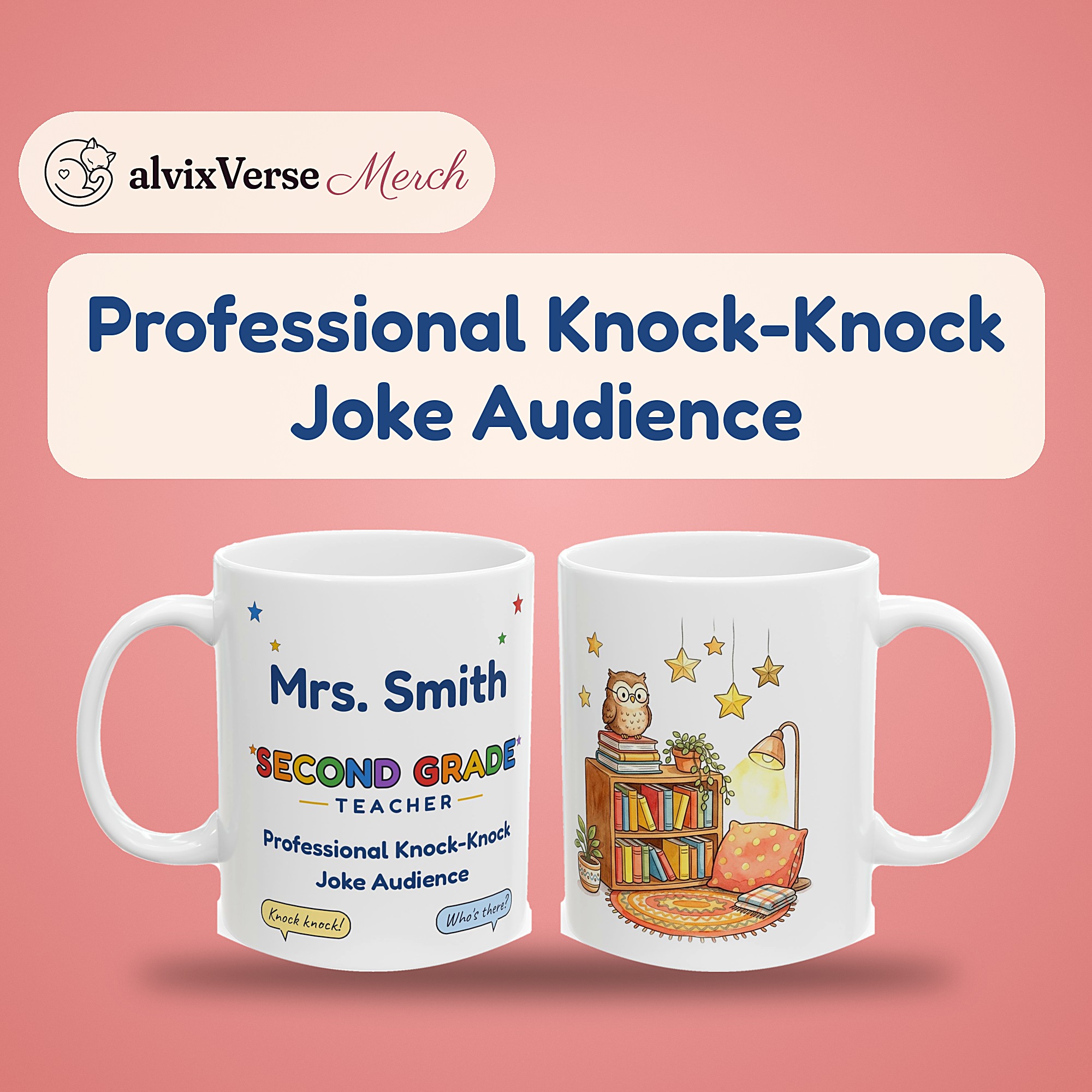 Second Grade Teacher Mug Personalized with Name, Funny Professional Knock-Knock Joke Audience, Owl Reading Nook Teacher Gift - Image 2
