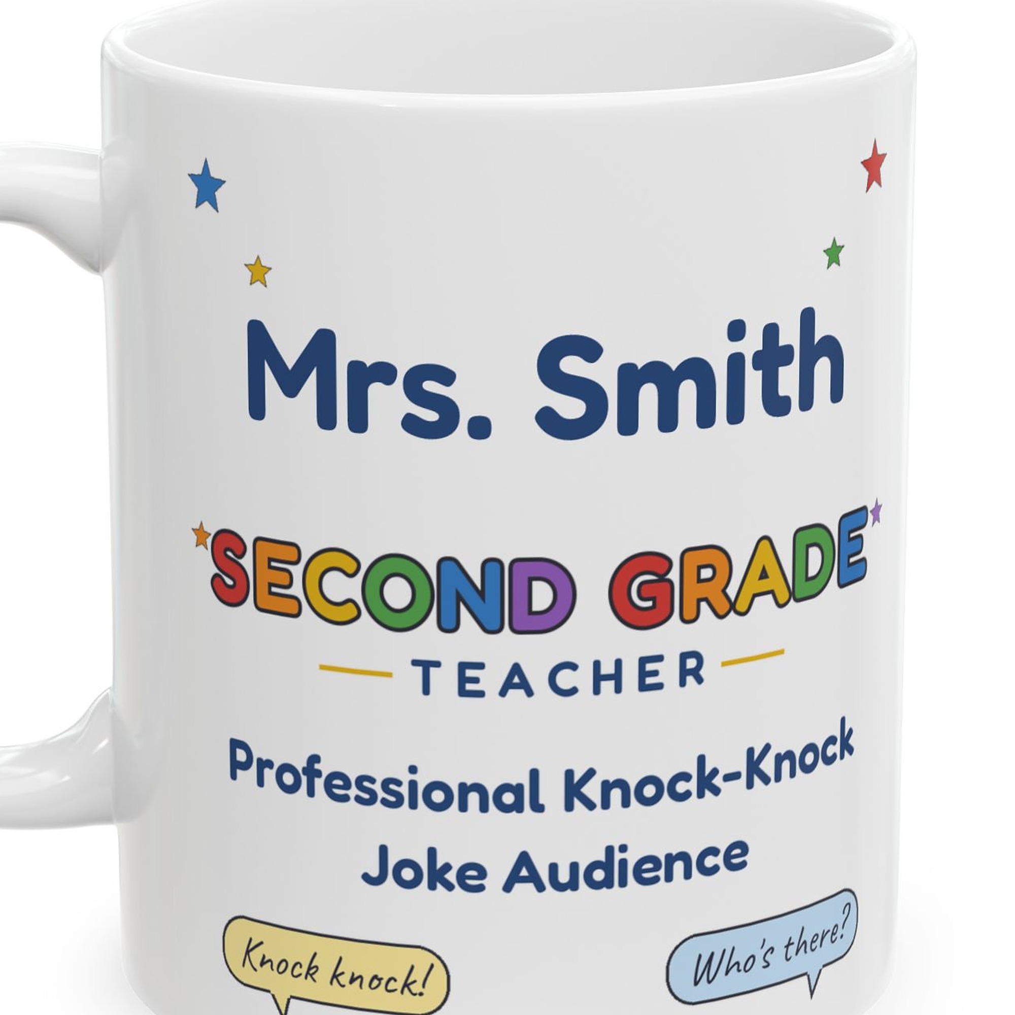 Second Grade Teacher Mug Personalized with Name, Funny Professional Knock-Knock Joke Audience, Owl Reading Nook Teacher Gift - Image 3