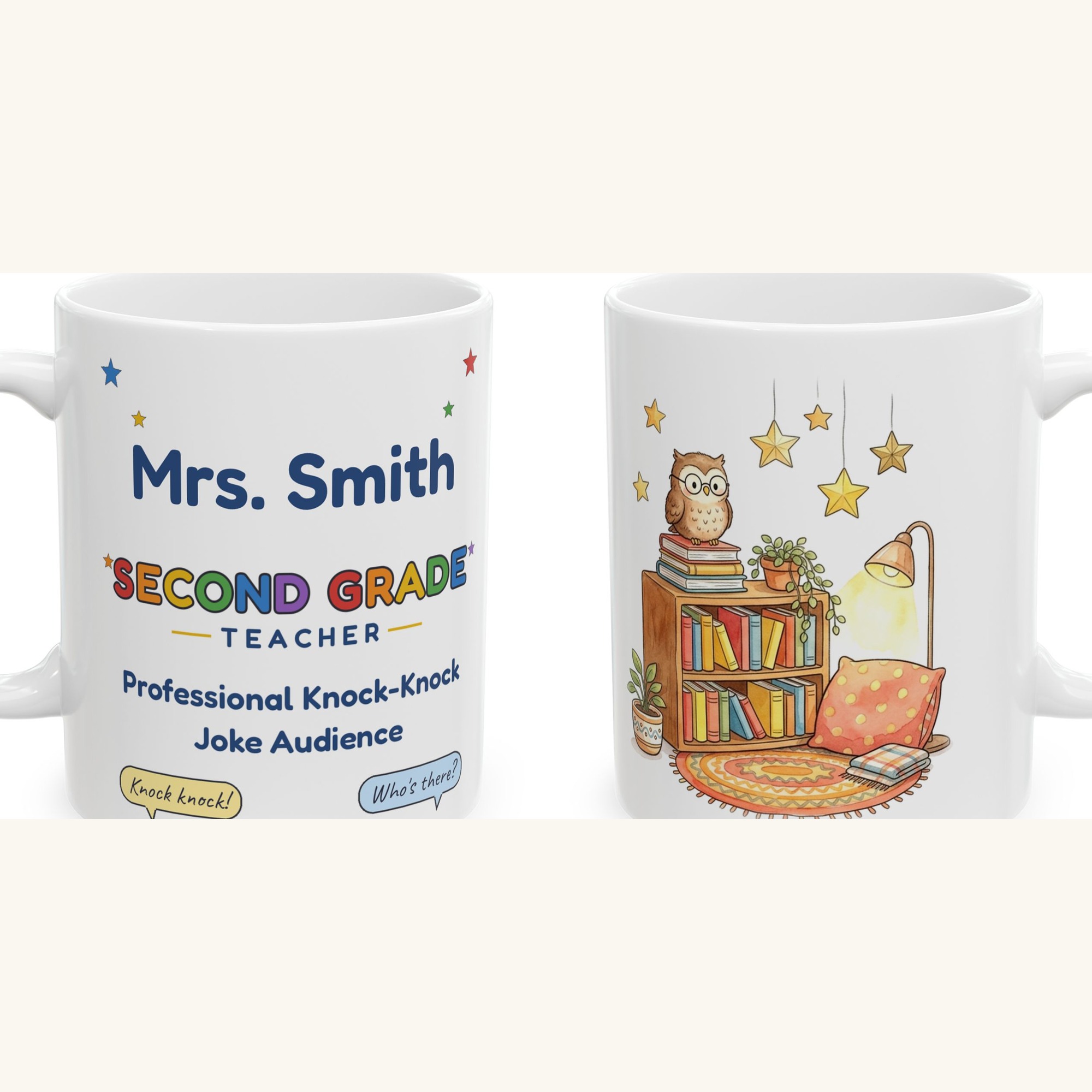 Second Grade Teacher Mug Personalized with Name, Funny Professional Knock-Knock Joke Audience, Owl Reading Nook Teacher Gift - Image 5