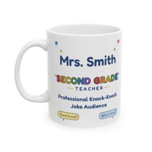 Second Grade Teacher Mug Personalized with Name, Funny Professional Knock-Knock Joke Audience, Owl Reading Nook Teacher Gift