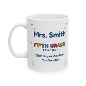 Fifth Grade Teacher Mug Personalized with Name, Funny Chief Paper Airplane Confiscator, Science Teacher Gift Coffee Cup