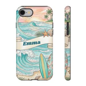 Custom Name Ocean Wave Phone Case, Surf and Beach, Tough Cover for iPhone 18 Pro Max, 17, Galaxy S26