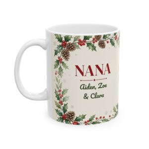 Nana Mug Personalized with Grandkids Names, Cardinal and Holly Christmas Coffee Cup