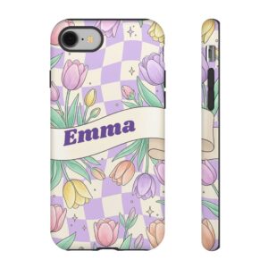 Custom Name Tulip Phone Case, Pastel Checkered, Tough Cover for iPhone 18 Pro Max, 17, Galaxy S26